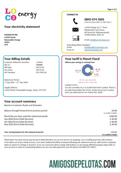 realista Modelo de fatura de serviços públicos de energia LoCO2 do Reino Unido em formatos Word e PDF